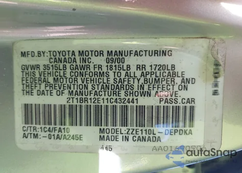 2001 Toyota Corolla Le from USA, damaged, VIN 2T1BR12E11C432441